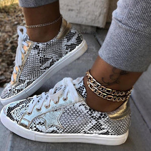 Glitter Lace-Up Star Pattern Casual Sneakers