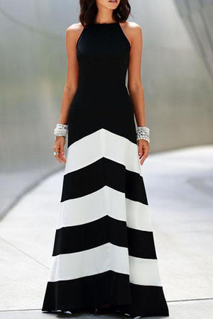 New Backless Color Block Wave Stripe Sleeveless Maxi Dresses.MC