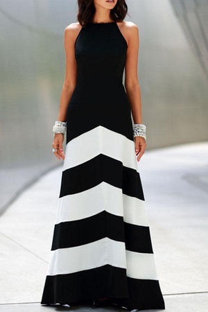 New Backless Color Block Wave Stripe Sleeveless Maxi Dresses.MC