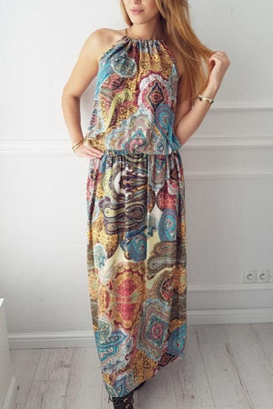 New Halter Printed Sleeveless Maxi Dress