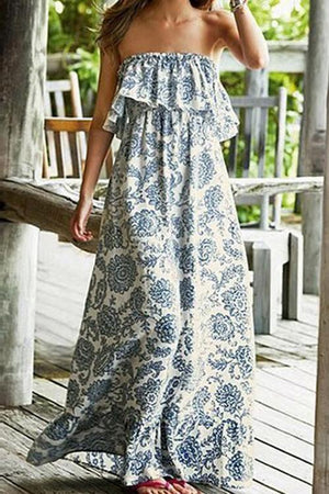 New Bohemian Off-Shoulder Printing Strap Vacation Dress.Wh