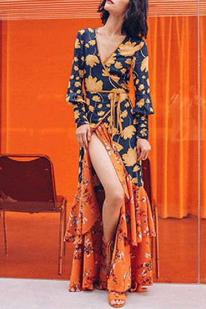 New Gorgeous V Collar Floral Printed Split Joint Maxi Dress.MC