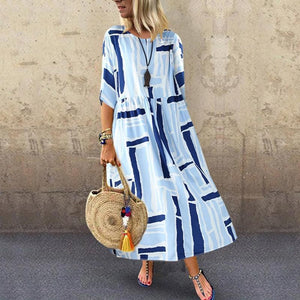 New Casual Printed Colour Pleated Round Neck Dress.MC