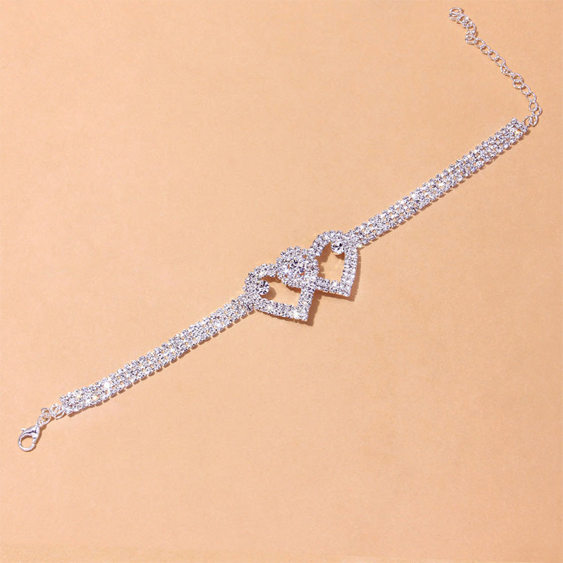 Fashion Rhinestone Double Heart Anklet