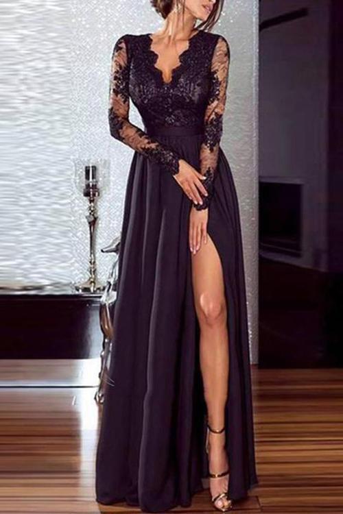 New Casual Long Sleeve Lace Inwrought Splicing Slit Maxi Dresses.MC