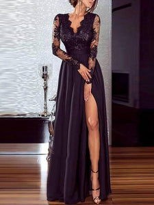 New Casual Long Sleeve Lace Inwrought Splicing Slit Maxi Dresses.MC