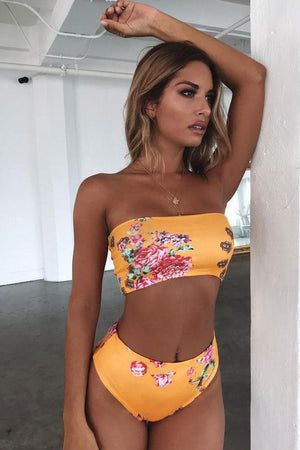 New Floral Printed Bandeau Bikini Swimsuit in Yellow.MO