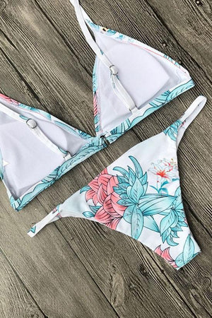 New Tropical Leaf Triangle Brazilian String Bikini Swimsuit in White.MC