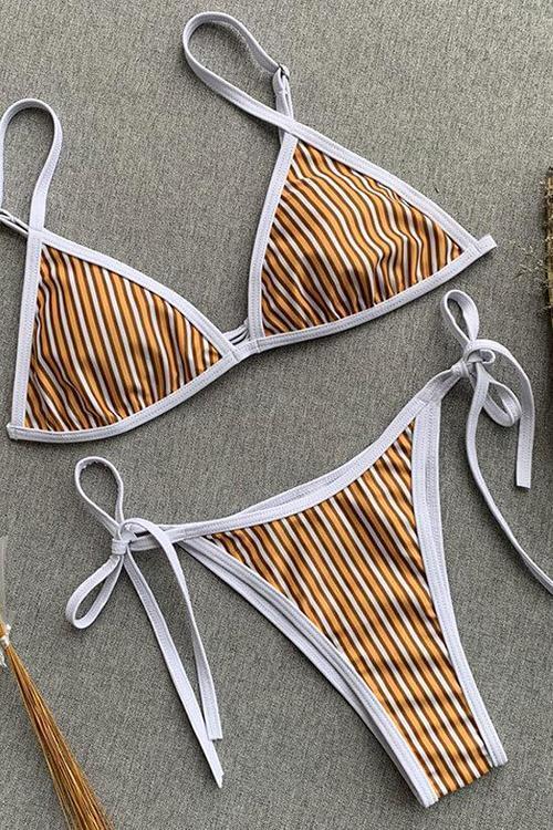 New Tied Side String Triangle Brazilian Bikini Swimsuit in Striped.MC